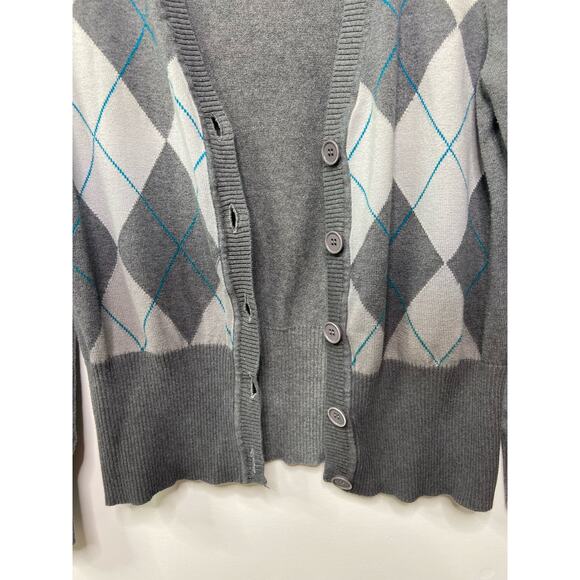 New York & Company Argyle Knit Cardigan Sweater V-Neck Long Sleeve Gray Womens L - Picture 3 of 6